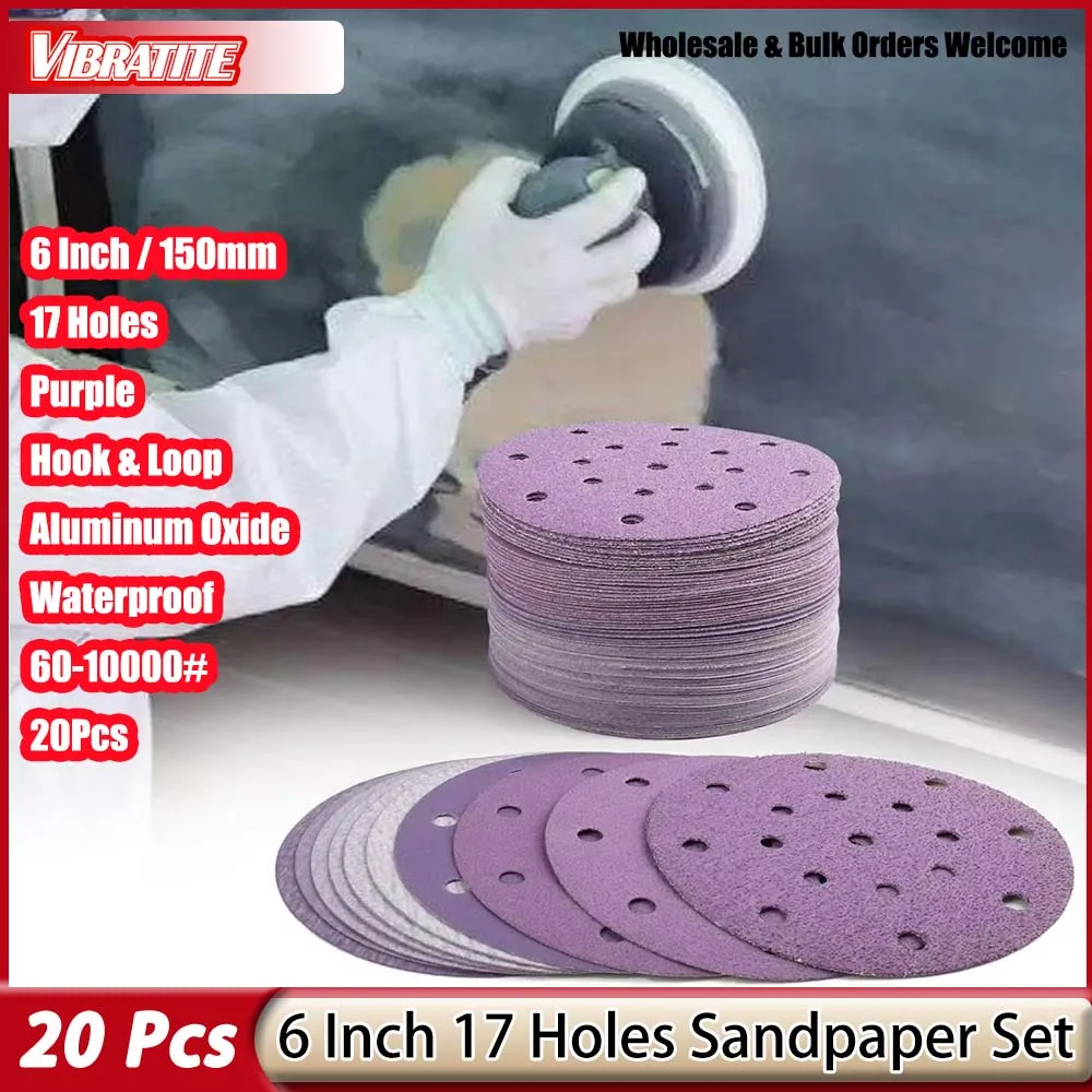 20Pcs 6 Inch 17 Hole Purple Dry Sanding Disc Hook & Loop Aluminum Oxide Sandpaper Anti‑Clogging Abrasive Disc For Car Paint Wood