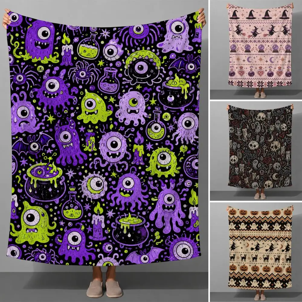 Cute Halloween Pumpkin Ghost Pattern Aesthetic Throw Soft Flannel Throw Blanket for Couch Bed Sofa Warm Cozy All Season