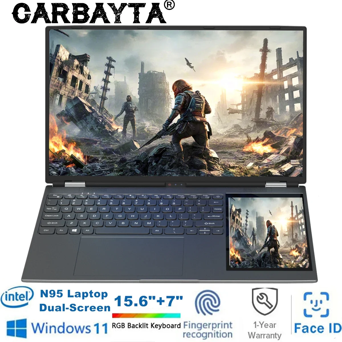 CARBAYTA 15,6-дюймовый портативный компьютер с двойным экраном, Intel N95, 32 ГБ/16 ГБ оперативной памяти DDR4, клавиатура с RGB-подсветкой, 7-дюймовый ноутбук с сенсорным экраном