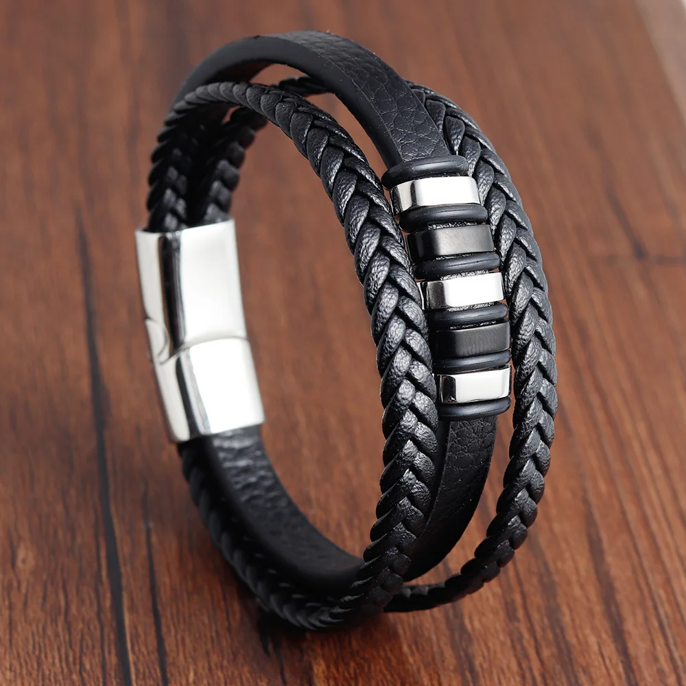 Retro Real Stainless Steel Jewelry 2024 Genuine Leather Bracelets Woven Accessories Wholesale