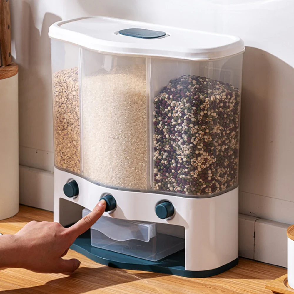 Dry Food Dispenser Cereal Wall Mounted Separate Rice Bucket Moisture Proof Automatic Racks Sealed Metering Kitchen Storage 6L