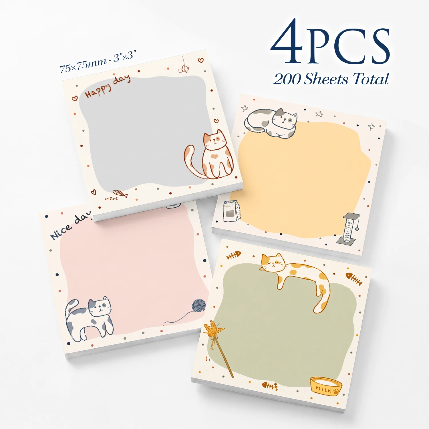 4 Stück Katzen-Haftnotizen 3x3 Zoll, 200 Blatt Niedliche Tier-Selbstklebende Notizblöcke, Kawaii Pastell Quadratische Notizblöcke mit Abnehmbaren Seiten