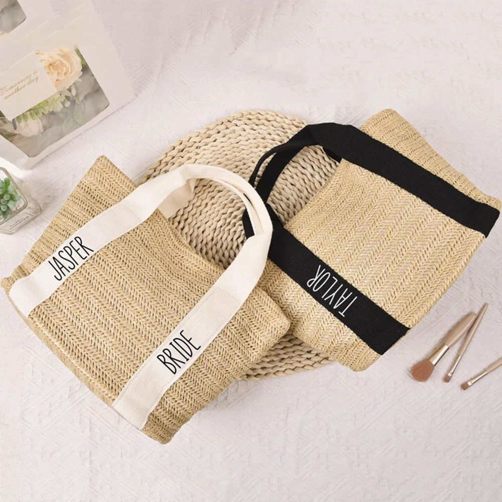 Custom Text Straw Woven Tote Bag Personalized Bridesmaid Gifts Bachelorette Party Favors Bridal Shower Bag Burlap Beach Bag