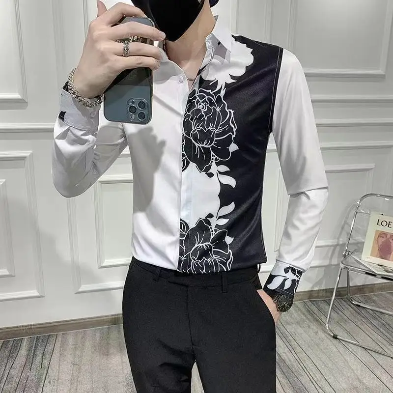 Spring Autumn Korean Fashion Contrast Color Loose Casual Shirt Hombre Long Sleeve Printed Patchwork Blouse Male Buttons Tops Men