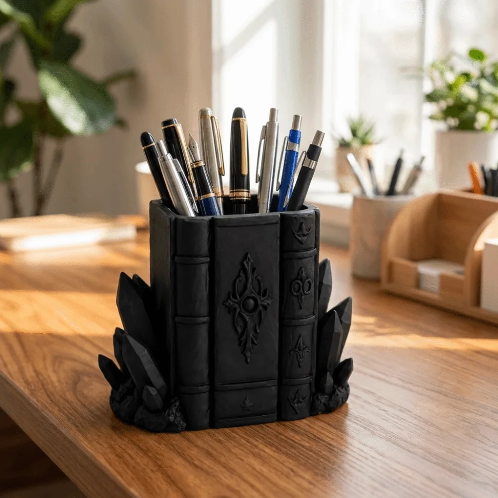 Gothic Style Magic Book Crystal Pen Holder Large Capacity Decorative Makeup Brush Storage Box Plastic 3D Printed Pen Stand
