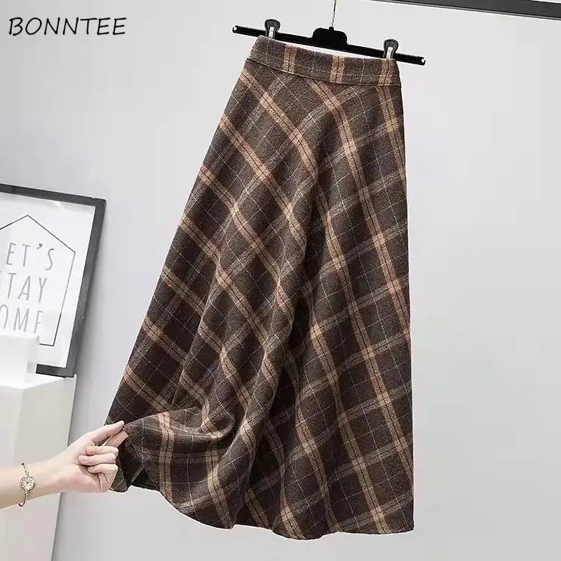 

Skirts Women Winter Warm Elegant Юбка Женская Korean Fashion Soft All-match College Retro Lovely Stylish Leisure Plaid A-line