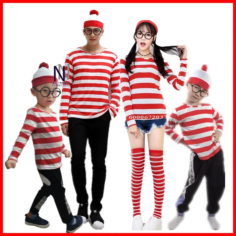 

ABC123Wheres Waldo Wally Costume - Boys' Striped Shirt, Glasses, Hat, Socks, Unisex Halloween Cosplayx,3;b'2.