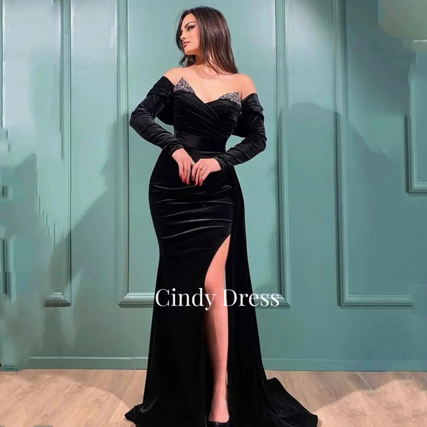 

Cindy Taffeta Black Long Sleeve Mermaid Strapless Sexy Saudi Women Evening Dress Bride Dresses Women's Luxury Party Graduation