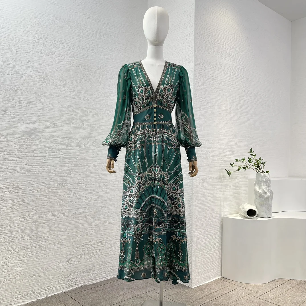 2024 Spring Summer Green Print Long Lantern Sleeve V-Neck Regular Fit Slight Stretch Silk Midi Dress