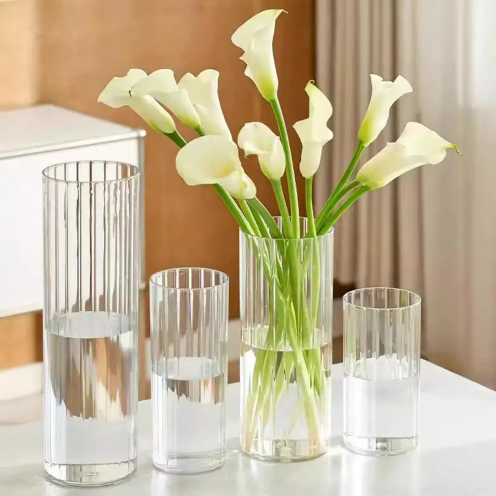 20-40cm Acrylic Clear Cylinder Flower Vase For Plants Bouquet Non Breakable Tall Ribbed Vase For Centerpiece Wedding Home Decor