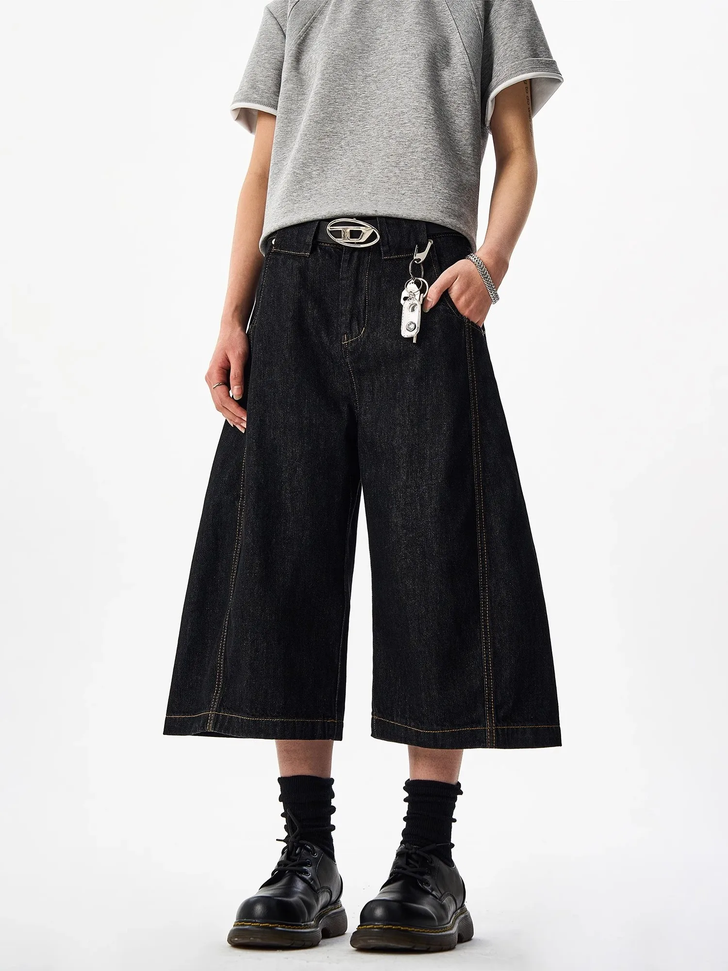 

Мужские джинсы в стиле американского ретро, широкие штанины, в стиле хип-хоп, летние повседневные, с высокой посадкой, средней длины