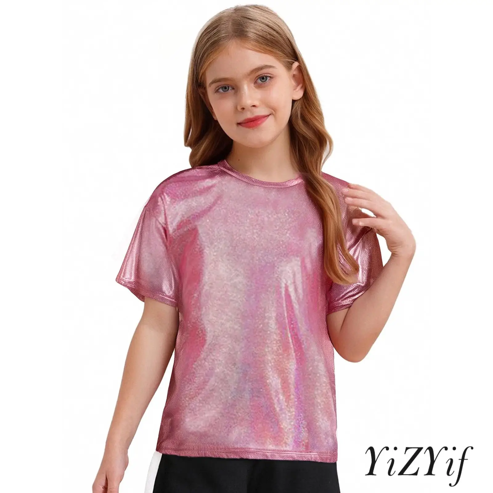 

Kids Girls Boys Metallic Shiny T-shirt Sparkly Jazz Dance Round Neck Tops Hip Hop Performance Carnival Dress up Casual T-shirt