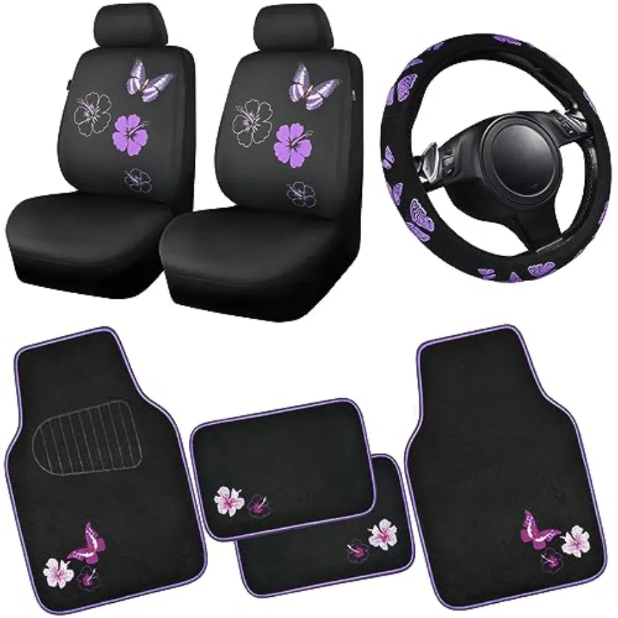 

Universal Butterfly Car Seat Covers Front Set Embroidered Flower Waterproof Car Floor Mats Carpet Butterflies Steering Wheel Co