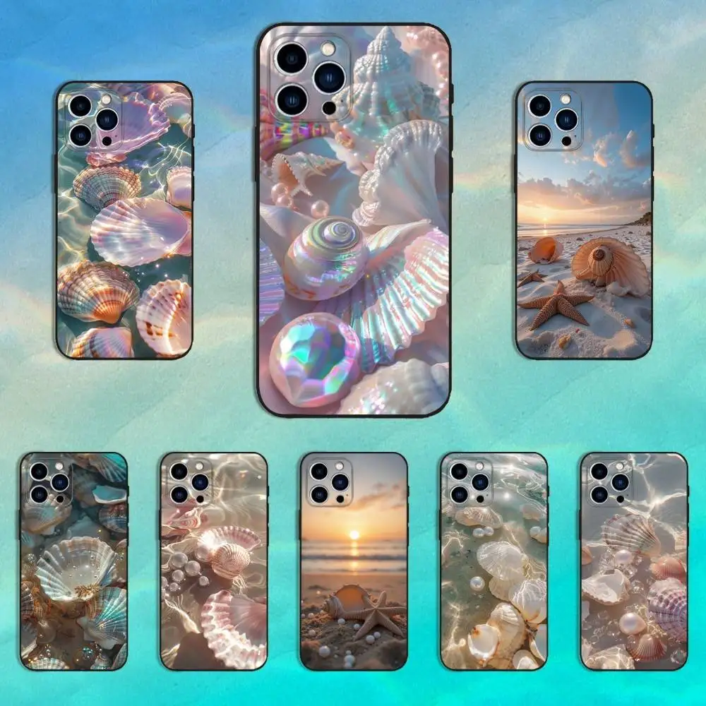

Pink Shell Starfish Phone Case For iPhone 16,15,14,13,12,11 Plus,Pro Max,XS,X,XR,SE,Mini,8,7,Soft Silicone Black Cover