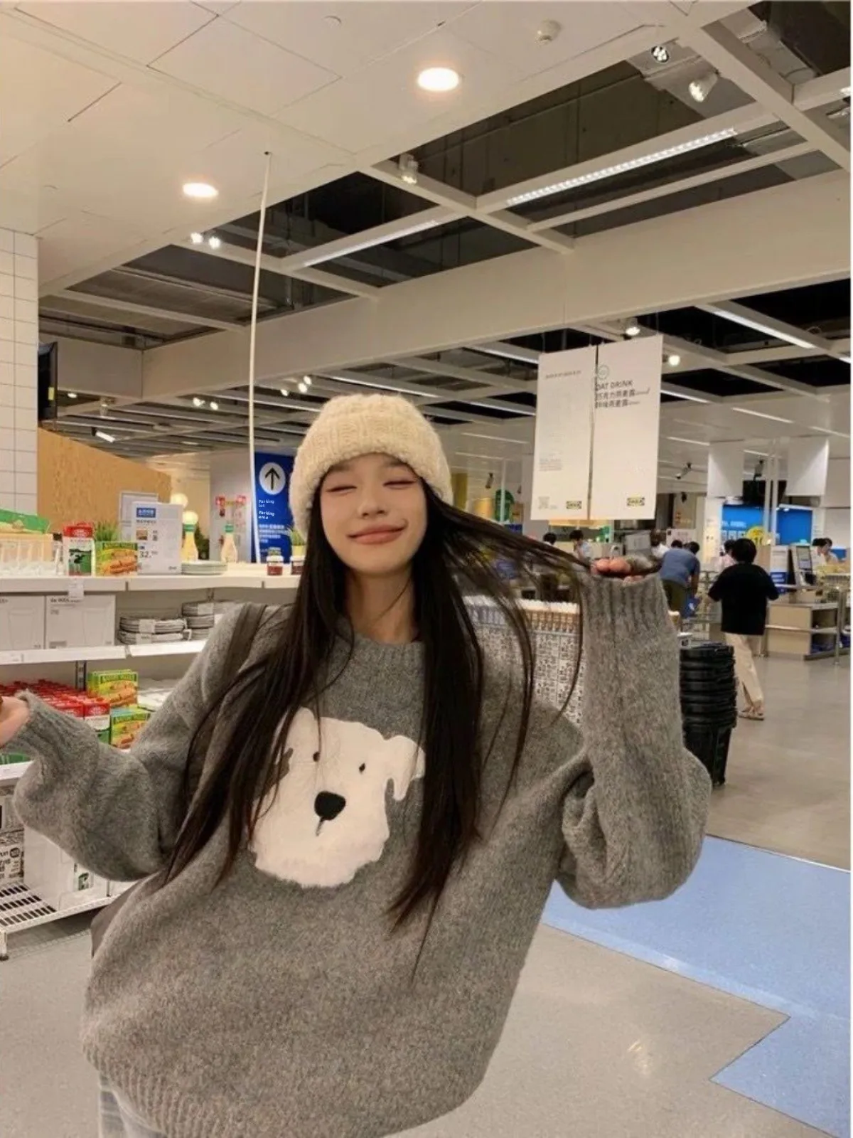 헤비웨이트 니트 라운드 넥 스웨터 플러피 3D 만화 강아지 디자인 루즈핏 미노 뉴 슬레 여성용 한국 패션 겨울 2025