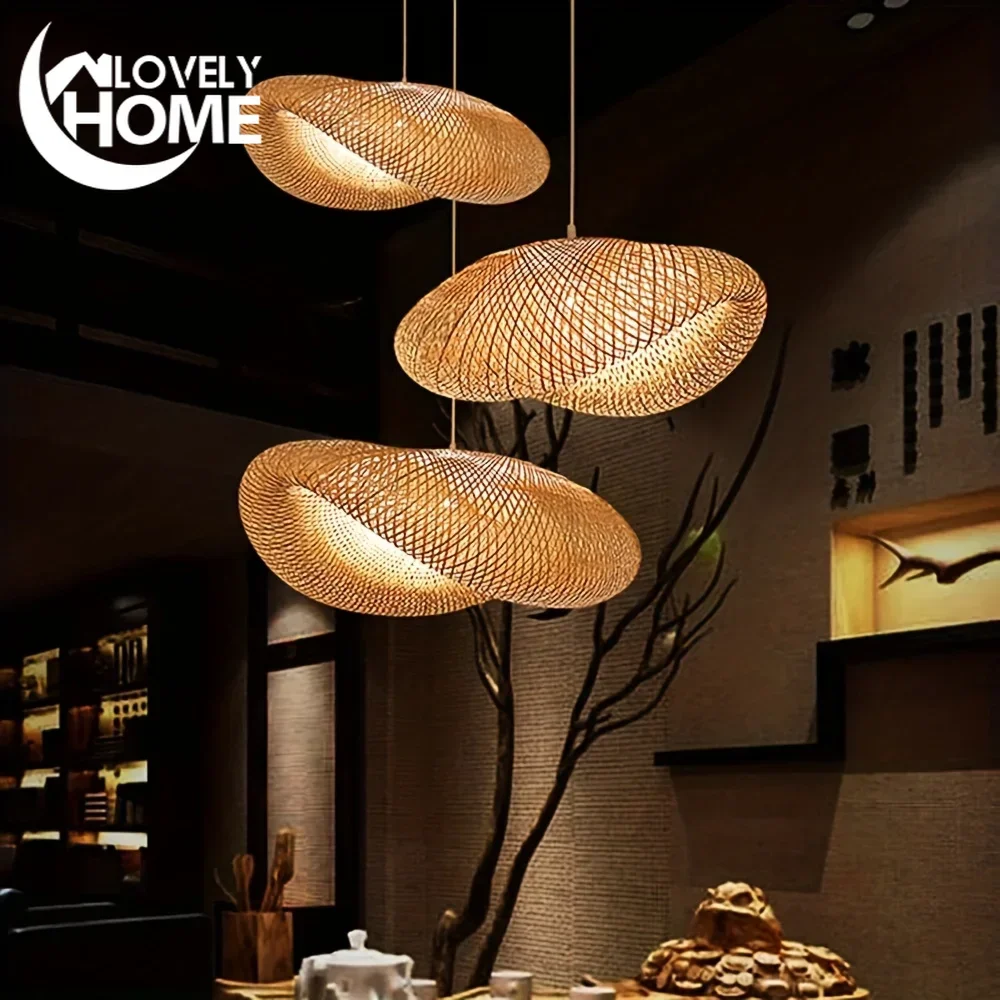 

Handcrafted Bamboo Lampshade Chandeliers Modern Woven Rattan Design Suitable for Home Lighting Dining Room Living Room Kitchen