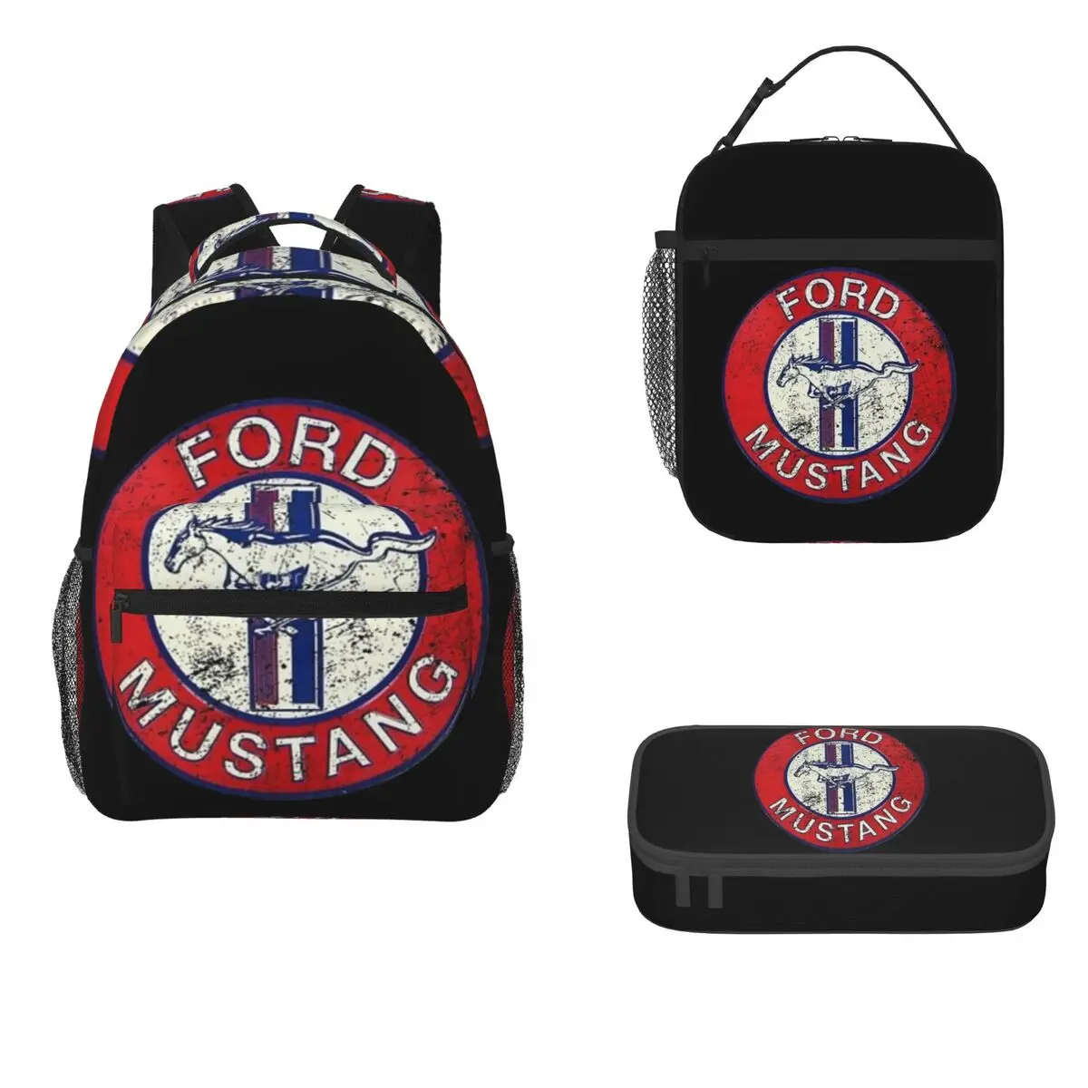 Ford Mustang Backpacks Boys Girls Bookbag Students School Bags Cartoon Kids Rucksack Lunch Bag Pen Bag Three-Piece Set