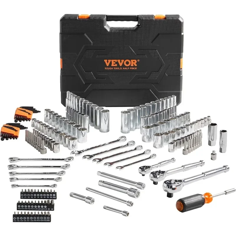 

VEVOR Mechanics Tool Set, 1/4" & 3/8"& 1/2" Drive Deep and Standard Sockets, SAE/Metric 205 Pcs Mechanic Tool Kit with Bits