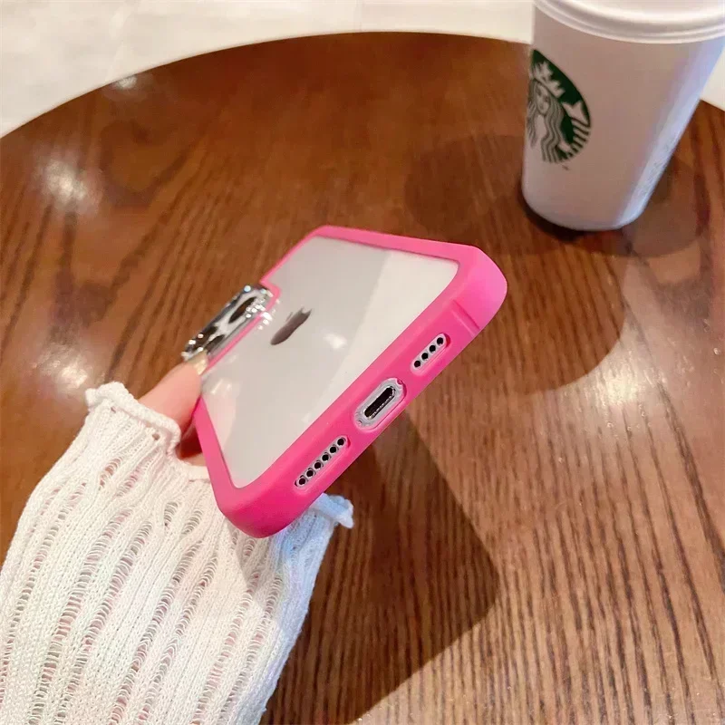 เคสกันกระแทกใสปกป้องเลนส์กล้องโลหะสุดหรูสำหรับ iPhone 11 13 12 14 PRO MAX สีชมพูฝาครอบใส