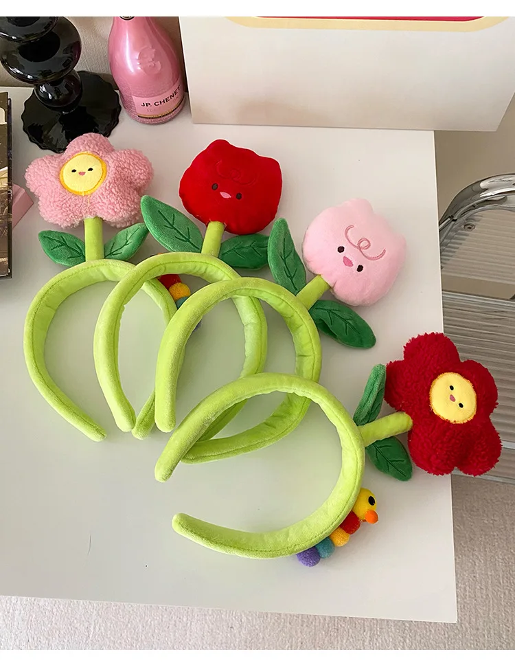Kreative Plüsch Tuch Farbe Tulpe Blume Raupe Haarbänder Für Mädchen Frau Niedlichen Cartoon Gesicht Waschen Make-Up Stirnband Mode – Detail 12