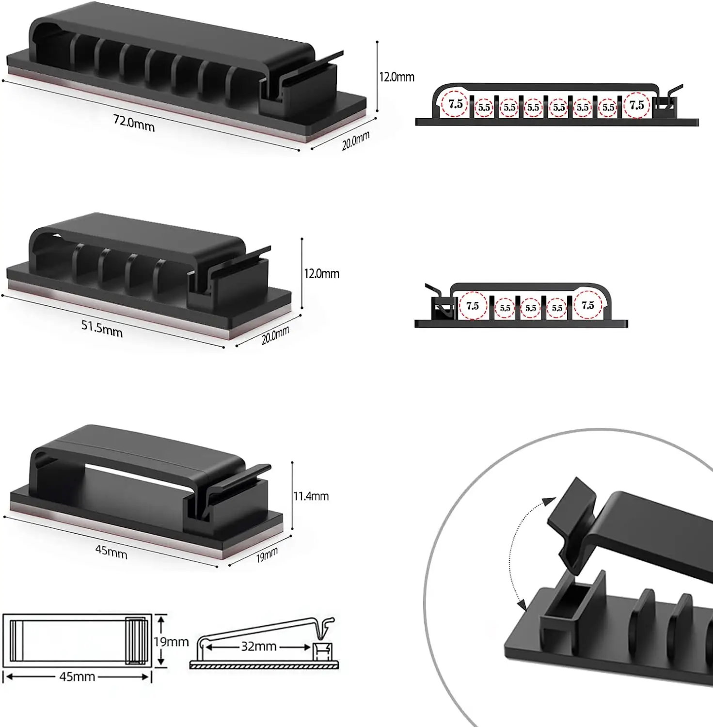 Cable Organizer Self Adhesive Cable Clips USB Cable Management Clamp Car Home Desk Wall Cord Holder Charging Wire Winder Manager