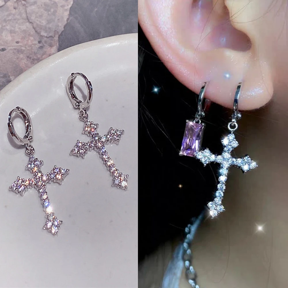 Cool Pink Rhinestone Zircon Cross Earrings For Women Korean Fashion Earring Daily Birthday Party Jewelry Gifts