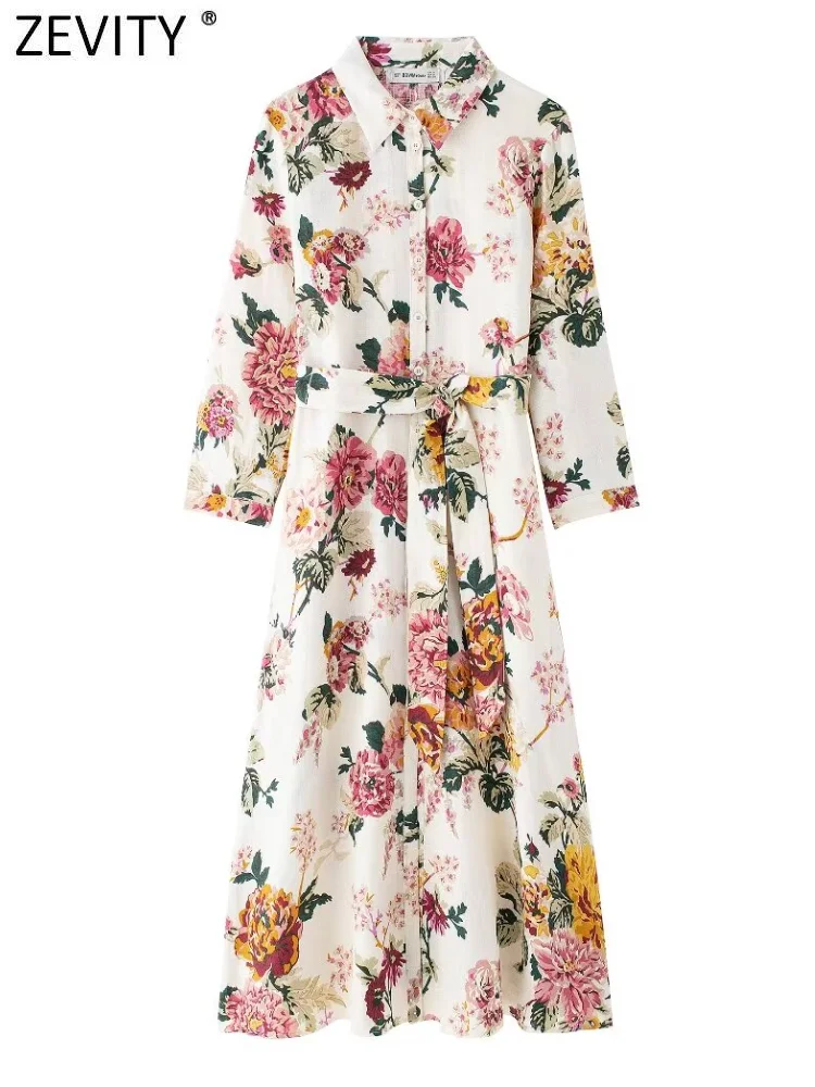 Zevity 2024 New Women Vintage Floral Print Bow Sashes Shirt Midi Dress Female Chic Turn Down Collar Casual Slim Vestidos DS6238