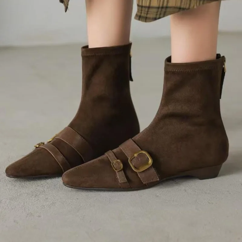 

Стильные дизайнерские женские зимние замшевые ботильоны на молнии для покупок, вечерние ботильоны 2025 года, винтажные однотонные уличные женские модельные ботинки