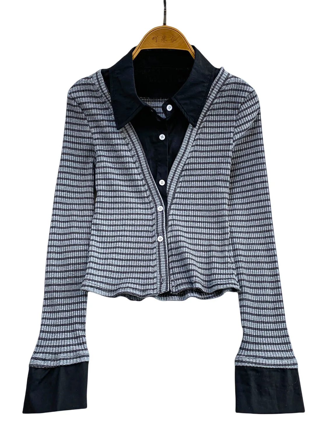 Faionable Striped Knitted irt Women's Slim Fit Button up Collar Patchwork Design Commute Sle mid Thin Long Sve