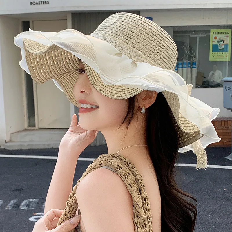 

Lace Straw Hat Sunhat Seaside Outing Vacation Hundreds Large Brim Sunscreen Sun Hat Women Weaving Breathable