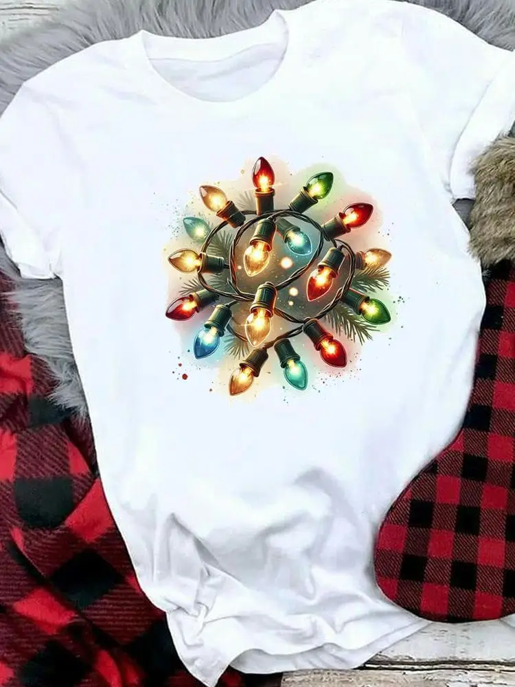 

Women Shirt Clothing Light Trend Style Fashion Print T Top Merry Christmas New Year Festival Holiday Graphic Tee T-shirts