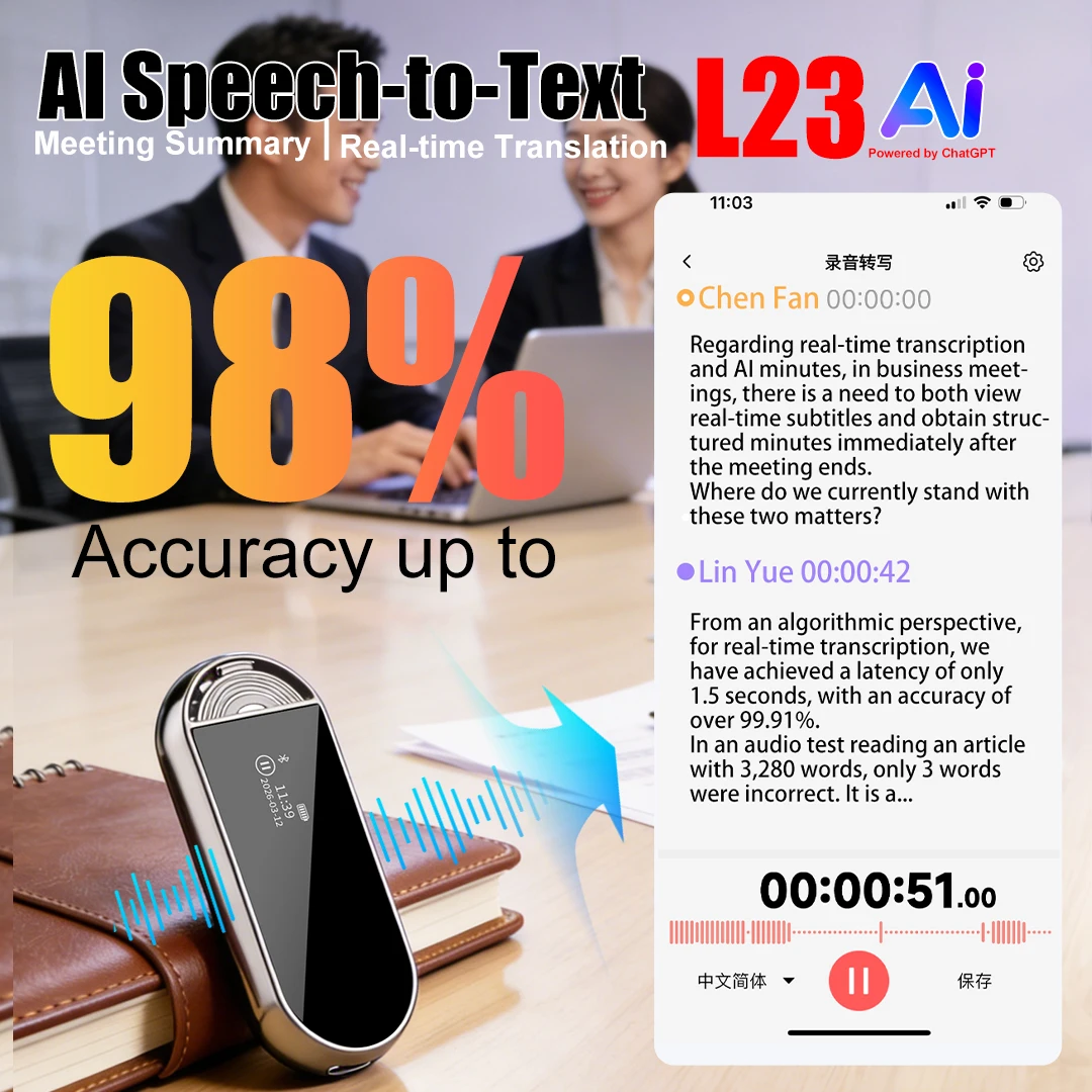 

AI Voice Recorder Pen 20H Battery 72 Languages Real-time Transcription Noise Cancelling for Meeting Lecture Interview 64GB