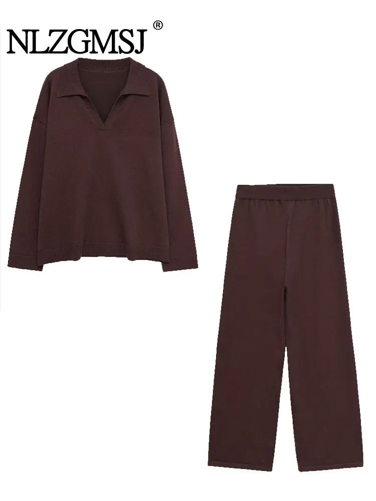 

NLZGMSJ повседневный однотонный женский костюм с v-образным вырезом и длинным рукавом, свободные трикотажные брюки с высокой талией и широкими штанинами, модные осенние базовые комплекты 2023 г.