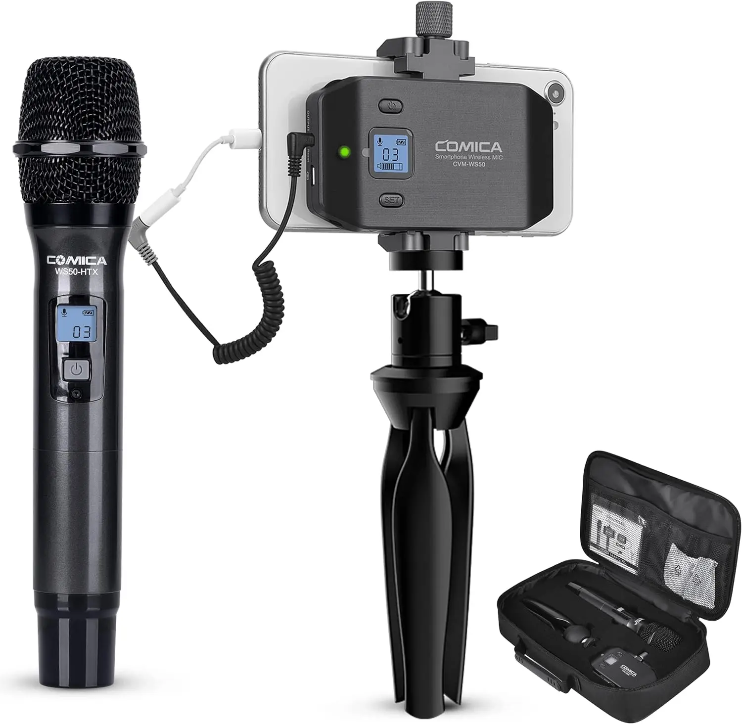 

Comica CVM-WS50(H) Wireless Microphone System, 6 Channels Handheld Interview Microphone with Flexible Combination Grip for