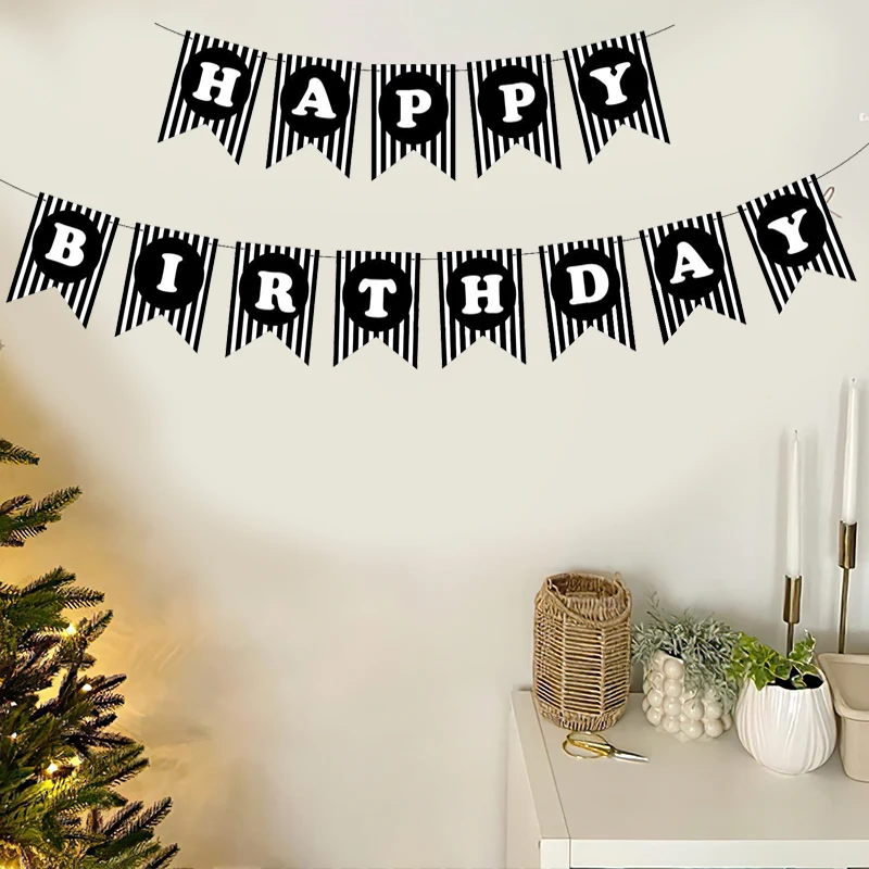 In bianco e nero a righe buon compleanno banner tema torta tavolo decorazione festa tirare bandiera ragazzo ragazza decorazione del partito forniture