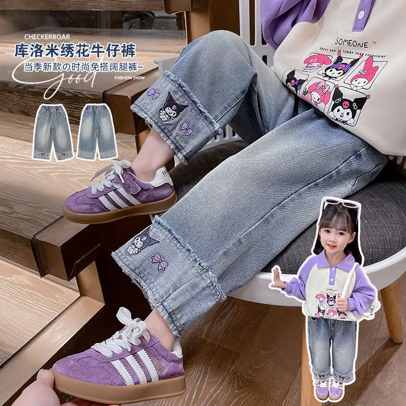 Anime Sanrios Kuromi Girl Jeans Spring Autumn Fashion Kids Wide Leg Pants Cartoon Elastic Waist Trousers Versatile Pants Casual