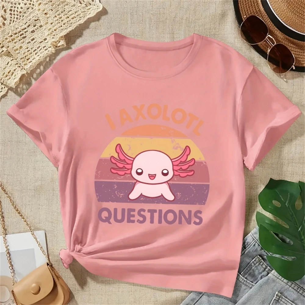 Girl Clothes Cartoon Axolotl Print Creative T-Shirts Crew Neck Children\'s Clothing Comfy Tops Short Sleeve Children Clothes Girl