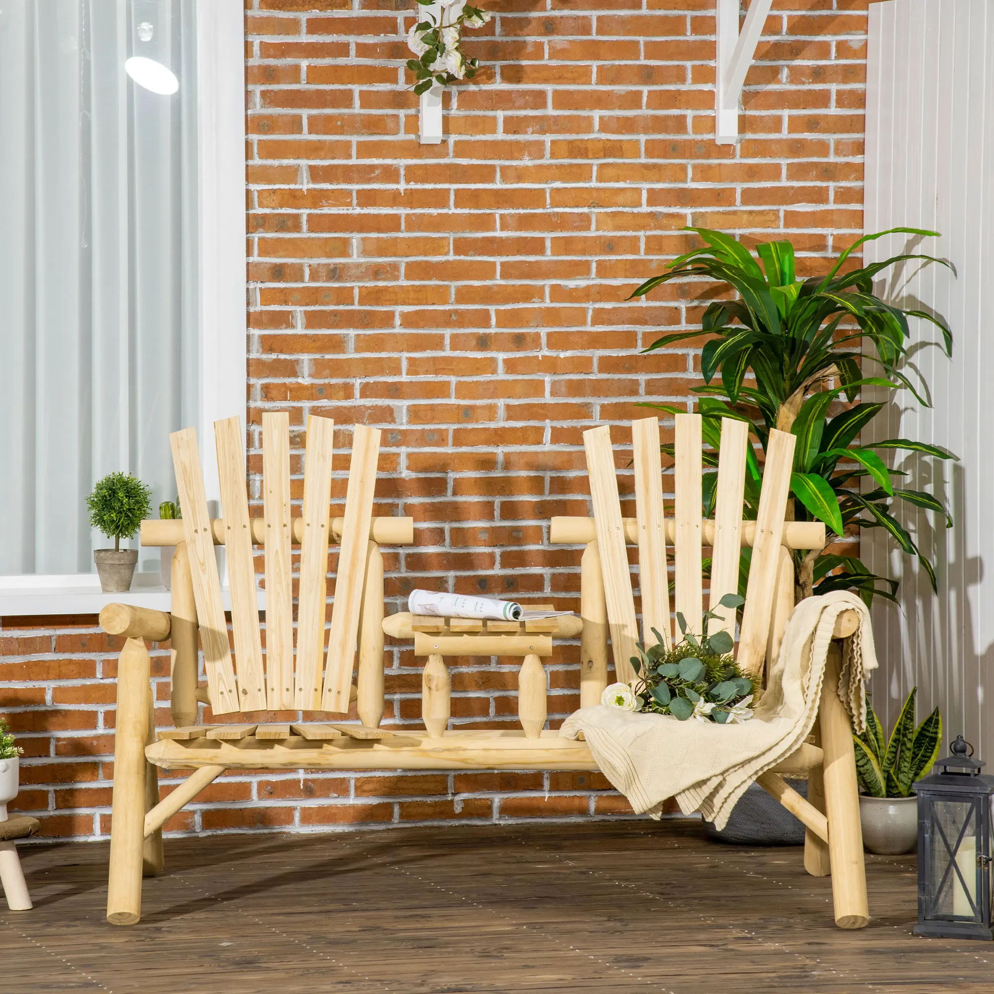 Outdoor Patio Adirondack Double Bench w/ Center Table, Natural