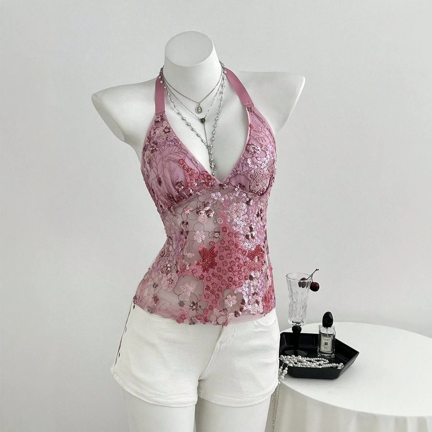 Halter Neck No Padding Top Cropped Sweet Fresh with Halter Strap Slim Fit Fresh Sweet Summer Non Stretch Short Length Top Women