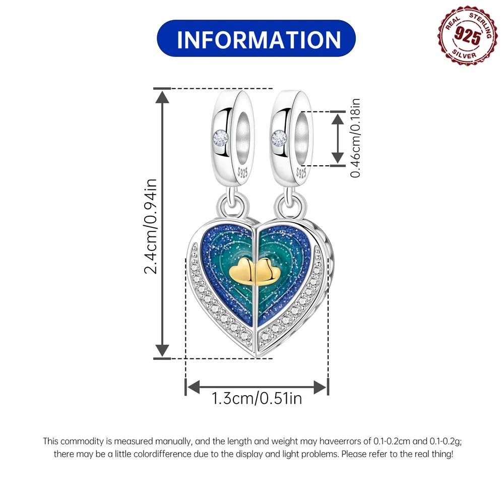 S925 Sterling Silver Matching Split Heart Charm Blue Ombre Glitter Enamel Couple Pendant Fit Bracelets Forever Love Jewelry Gift