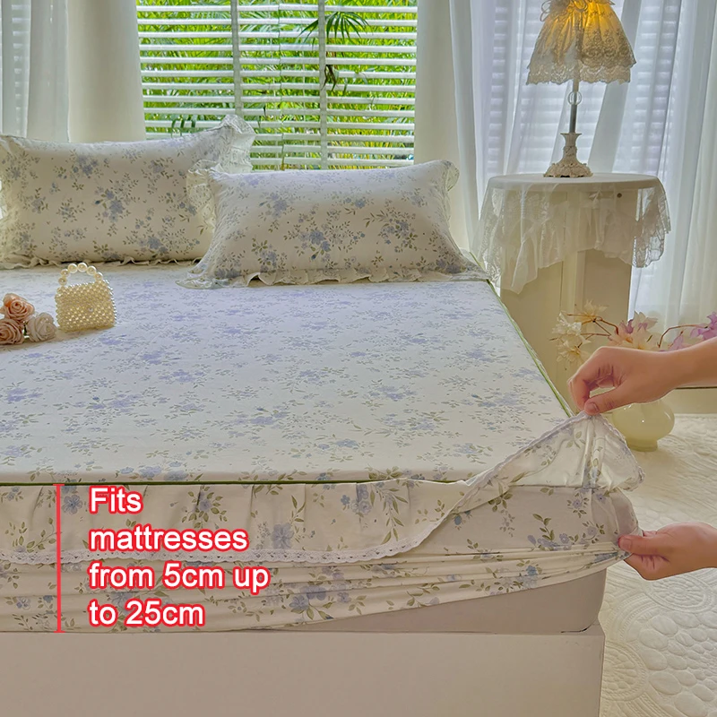 100% Cotton Floral Printed Ruffled Fitted Sheet, Lace‑Trim Deep Pocket Bed Cover, Soft Breathable Bed Skirt‑Style Fitted Sheet