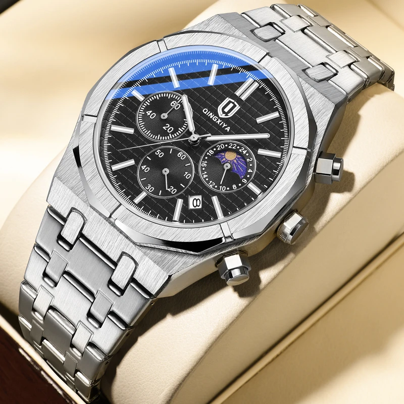 

QINGXIYA 2024 New Fashion Chronograph Quartz Watch Men Stainless Steel Waterproof Luminous Date Luxury Moon Phase Watches Mens