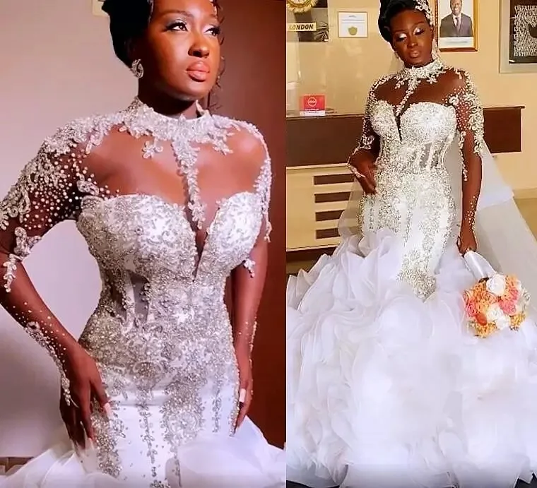 Vestido de novia personalizado árabe Aso Ebi lujoso con cuentas de cristales, cuello transparente, niveles de Organza, chica negra africana, vestido de novia sirena