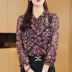 Spring Autumn New Fashion Round Neck Long Sleeve Printing Blouses Women's Clothing Edible Tree Fungus Buttons Versatile Shirts