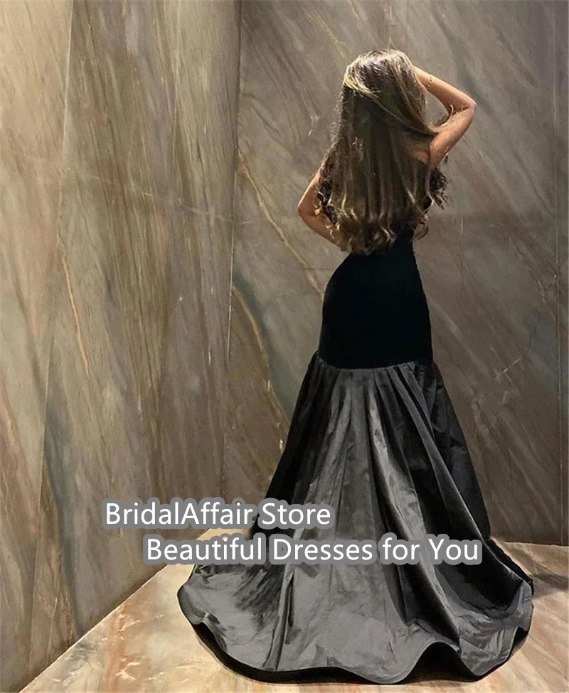 BridalAffair فساتين سهرة طويلة من قماش التفتا باللون الأسود المخملي حورية البحر بدون حمالات بطول الأرض فستان رسمي للحفلات الراقصة ثوب بسيط