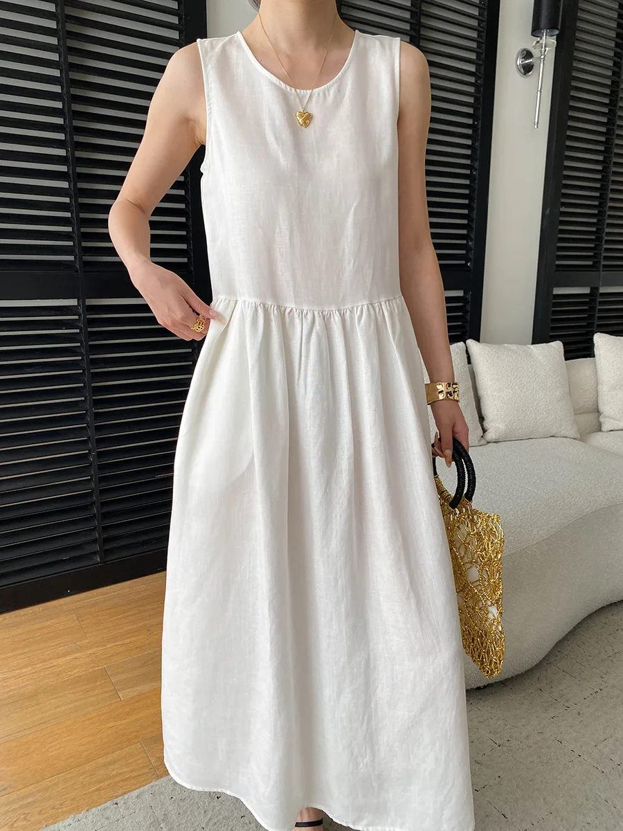 Sommerliches, lässiges, einfarbiges, ärmelloses Patchwork-Kleid mit Rundhalsausschnitt für Damen – Detail 10