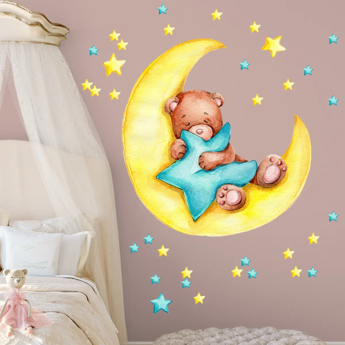 Bear Moon Star Cartoon Wall Paste Bedroom Children Room Background Wall Decoration Stickers Kawaii Cartoon Animal Wallpaper