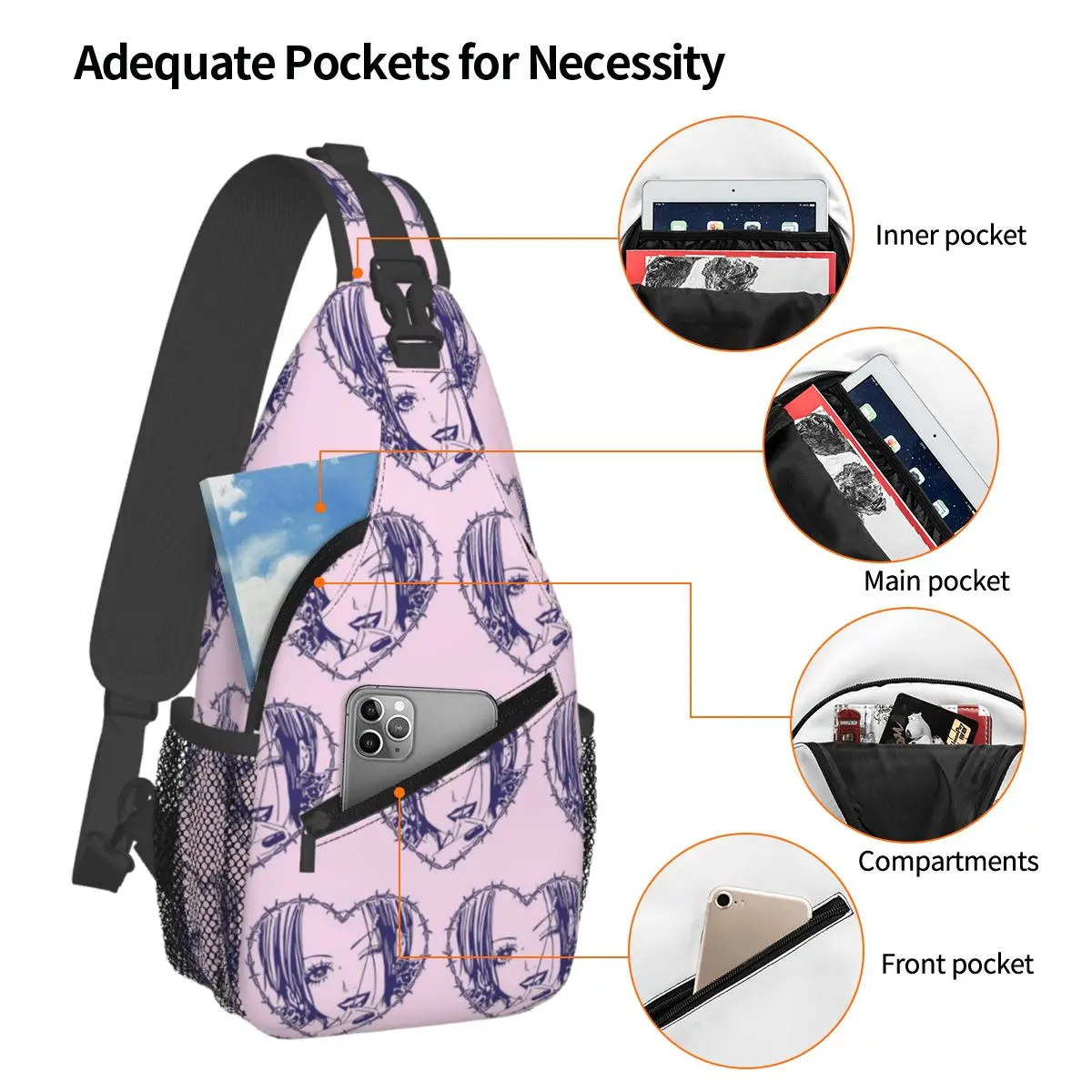 Nana Osaki Barbed Wire Heart Spread Chest Bag Men Sling Crossbody Backpack Chest Bag Traveling Hiking Daypack Shoulder Bag