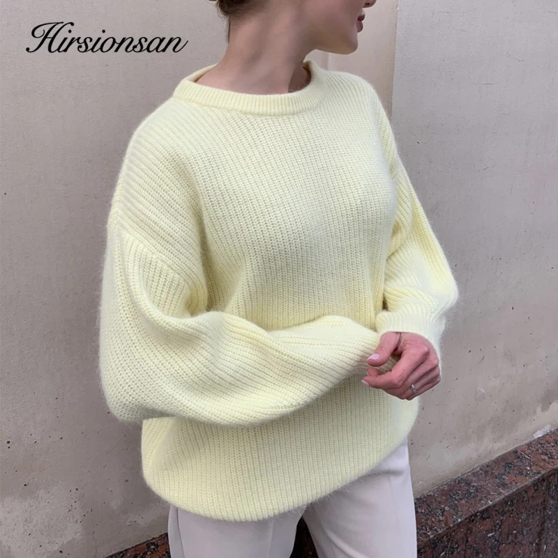 Hirsionsan Soft Loose Knitted Cashmere Sweaters Women 2023 New Winter Loose Solid Female Pullovers Warm Basic Knitwear Jumper