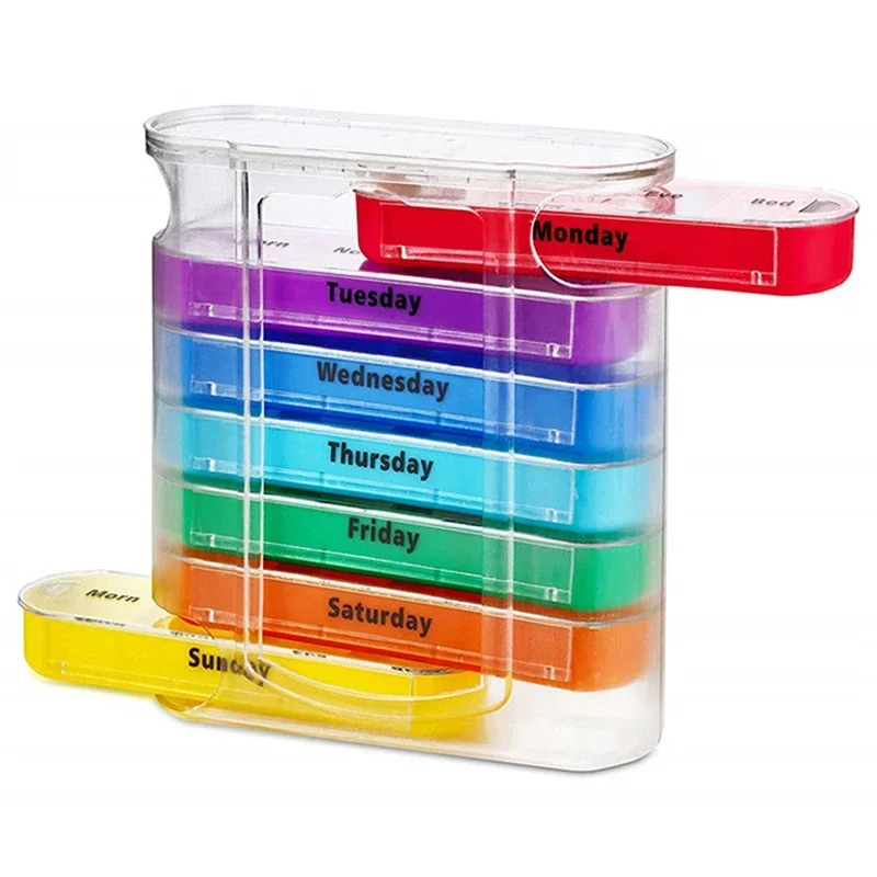 Portable Weekly 7 Days Pill Box Colorful Design Stackable 4 Times a Day Medicine Storage Dispenser/Plastic Pill Organizer Boxs